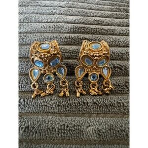 Gold Tone Dangle Earrings with Blue‎ Gemstone Accents Statement Jewelry